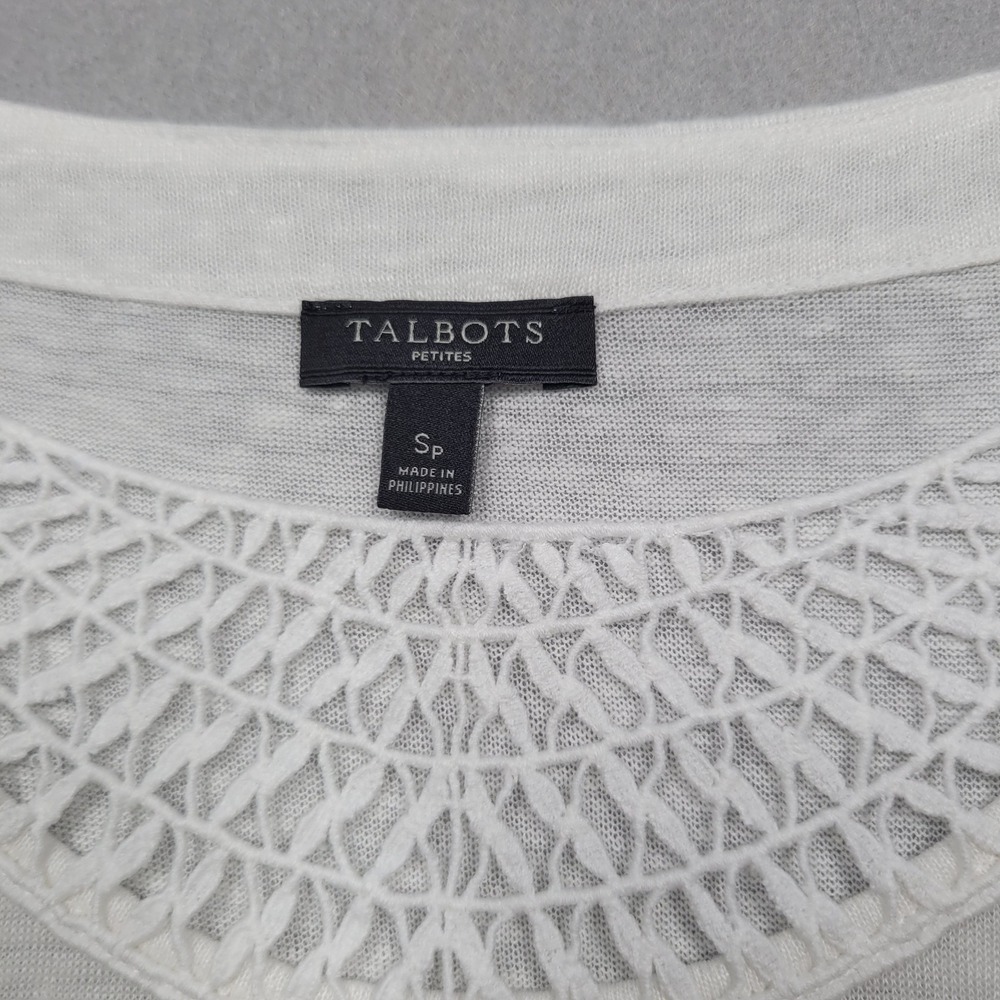 Talbots Petites White Linen Crochet Neck Top SP Small Short Sleeve PH2807